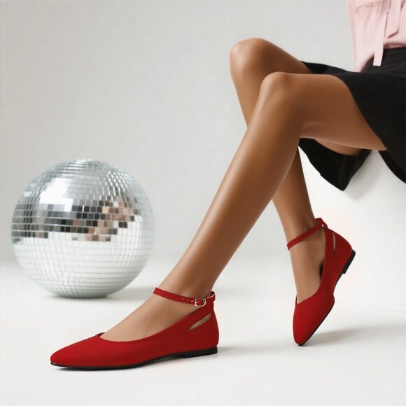 LURNYET Women's RED NUBUCK Casual Ankle Strap Pointed Toe Ballet Flats Shoes - Picture 6 of 6